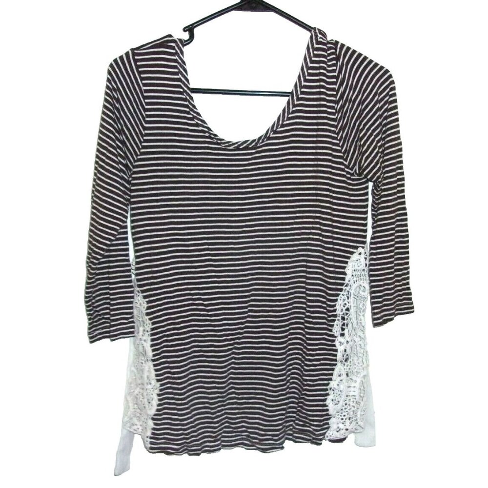 Charming Charlie Brown White Striped Lace Cut Outs 3/4 Sleeve Top M